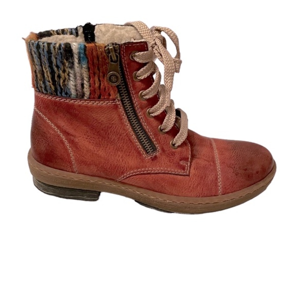 Rieker Ankle Boots - Red - Size 38 (7.5) side zips and lace tie ups- knit Collar